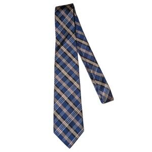 Barbara Blank New York All Silk Handmade Tie Blue Tan Plaid Tartan USA Necktie